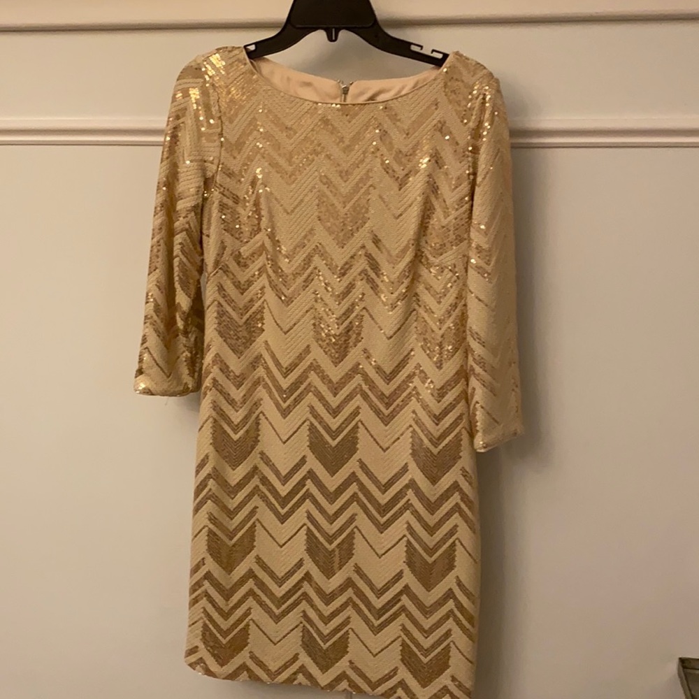 3/4 sleeve, gold sequenced dress